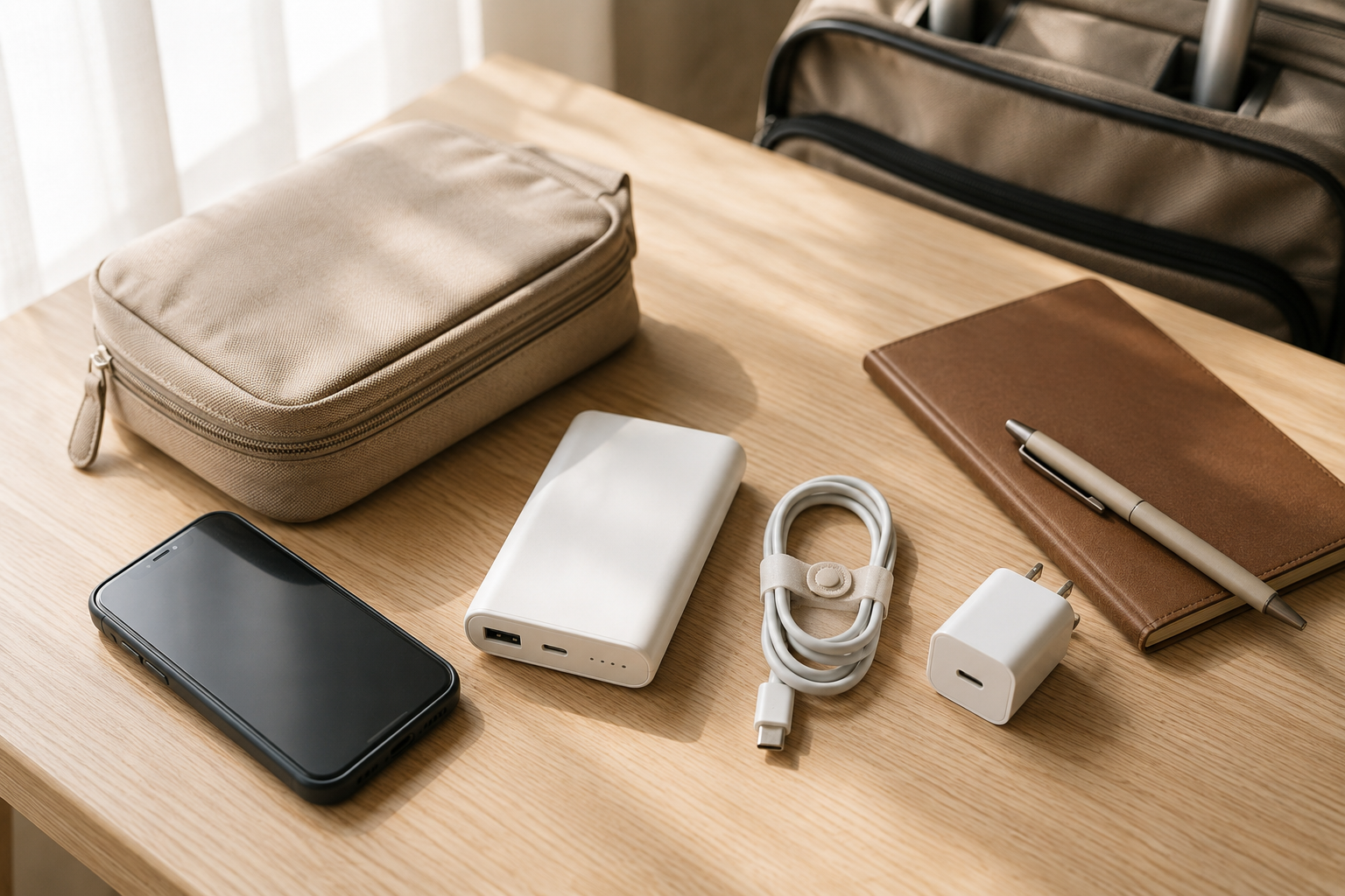 旅行用のモバイル環境として整理されたスマートフォン、モバイルバッテリー、充電器、ケーブル