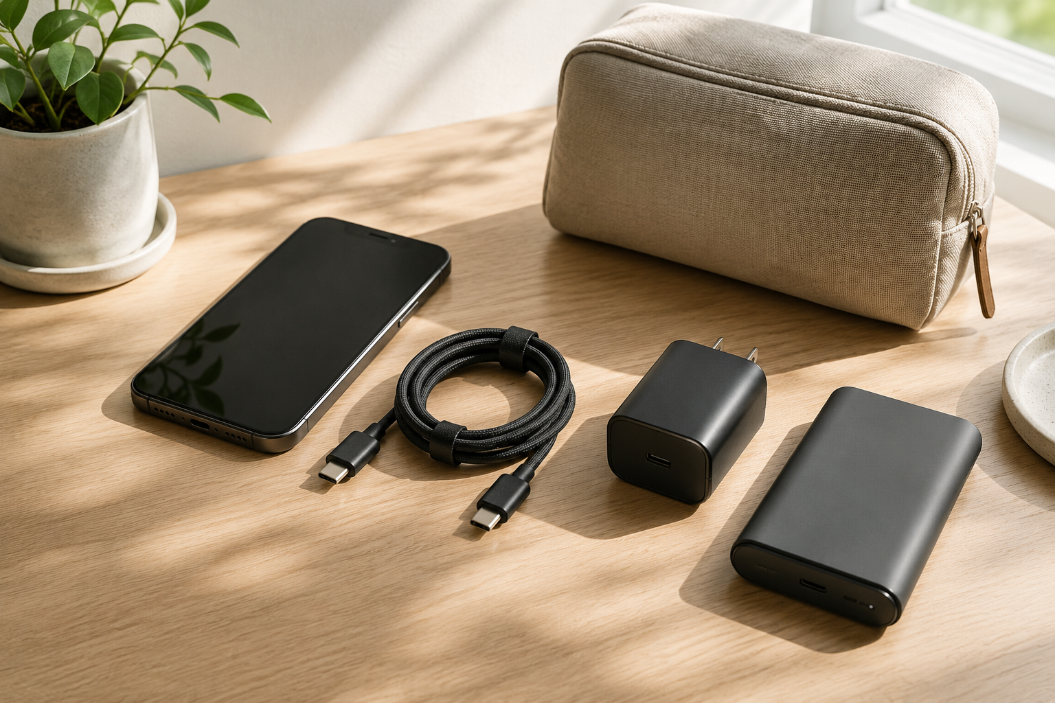 USB-CケーブルとUSB-C充電器、モバイルバッテリーを統一して整理したシンプルなモバイル環境
