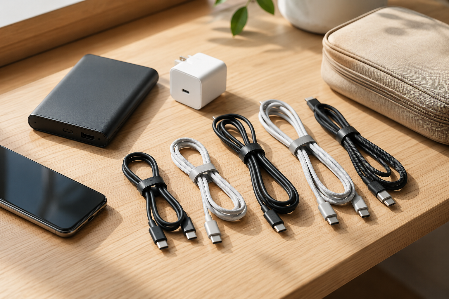USB-Cケーブルを長さや耐久性で比較するために並べた複数のケーブルとモバイル機器