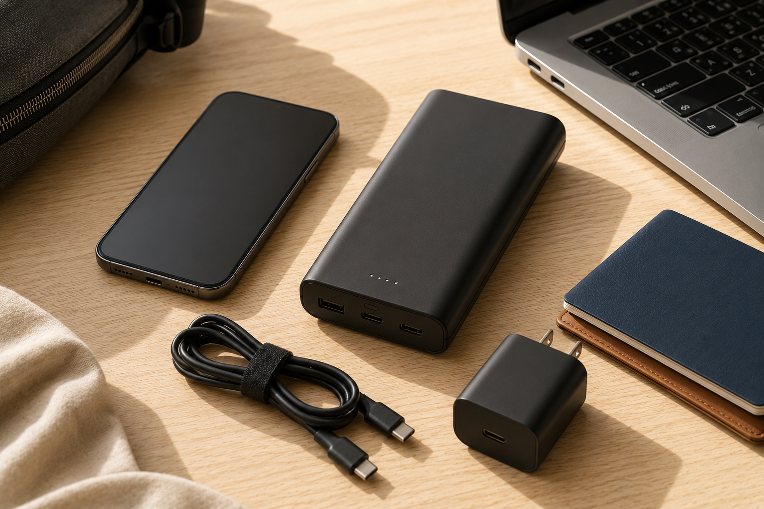 旅行や出張向けの20000mAhモバイルバッテリーとUSB-C充電セット