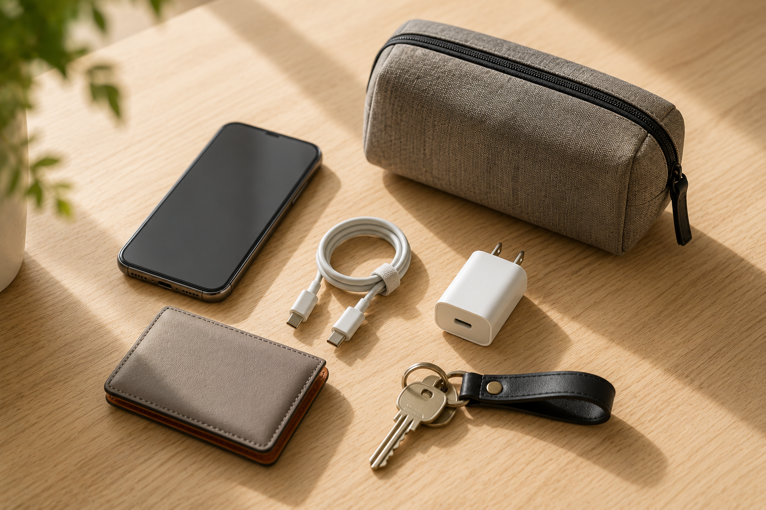 スマートフォンとUSB-Cケーブル、小型充電器だけを整理して並べたシンプルな持ち歩き環境