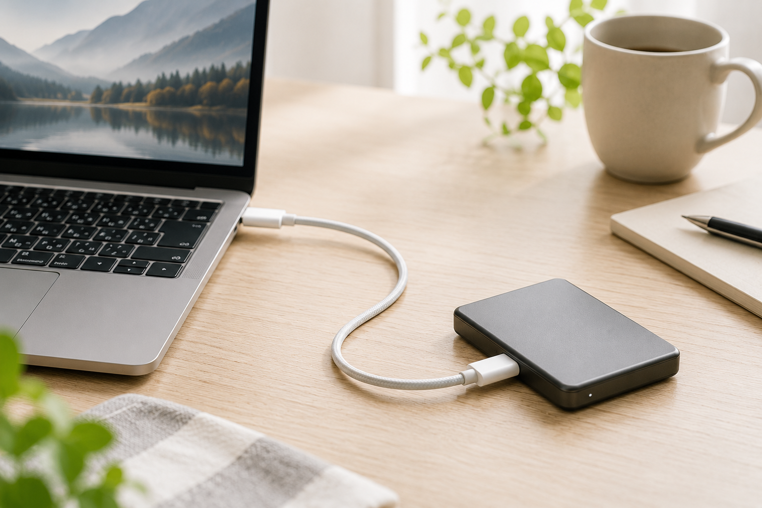 ノートパソコンと外付けSSDをUSB-Cケーブルで接続し、データ転送をイメージしたデスク環境