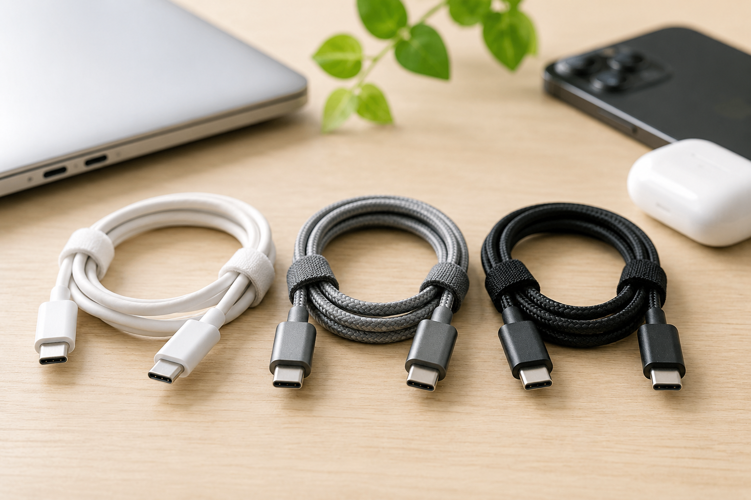 60W・100W・240W対応のUSB-Cケーブルを並べたイメージ