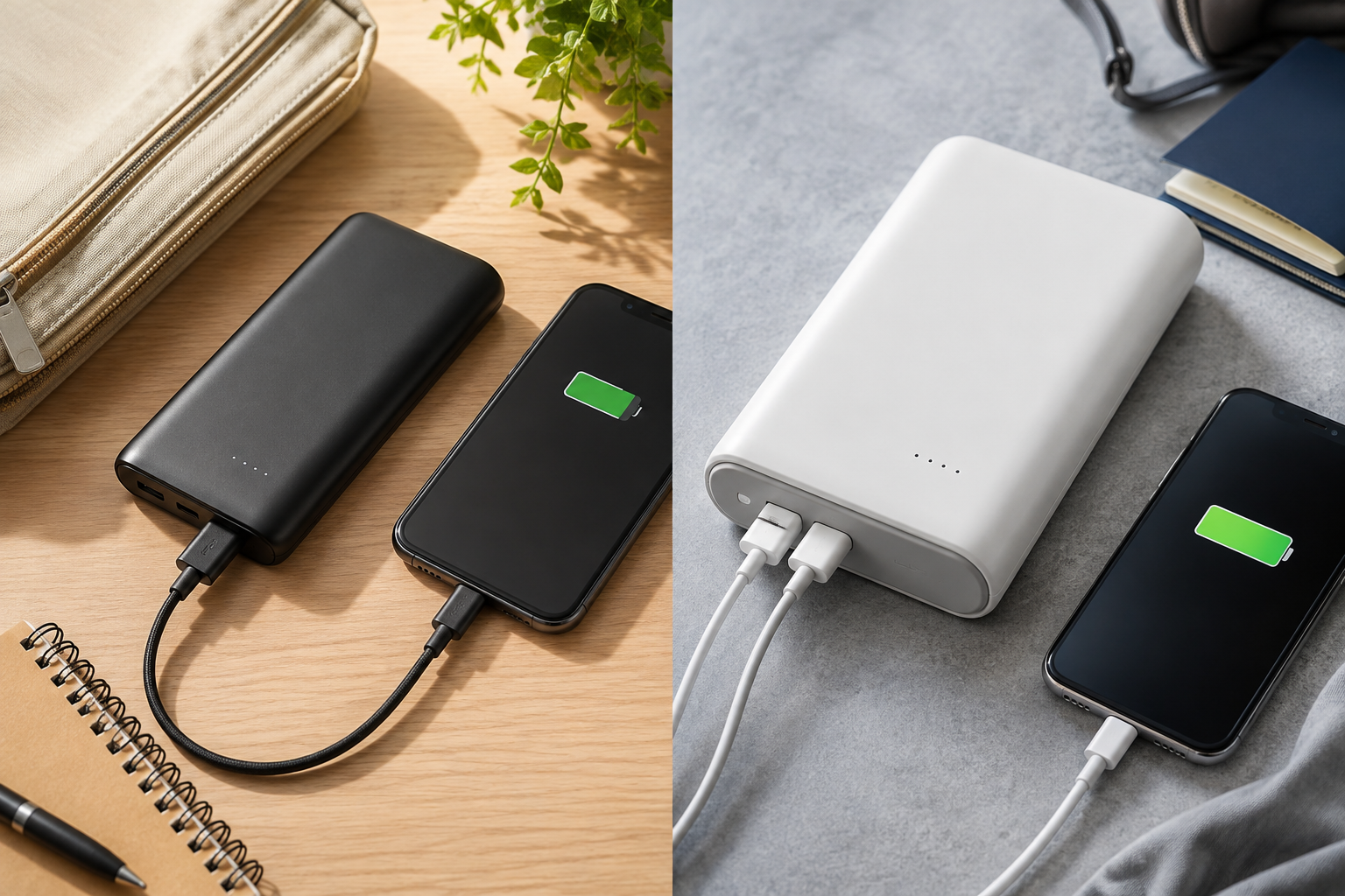 10000mAhと20000mAhのモバイルバッテリーでスマートフォンを充電しているイメージ