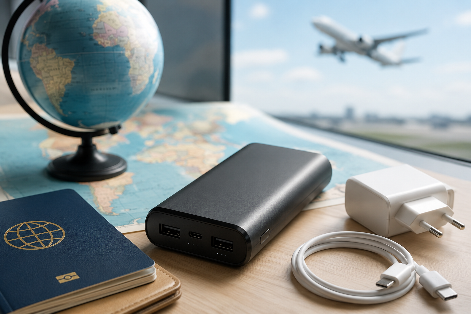海外旅行で使うモバイルバッテリーとUSB-C充電器、ケーブル、飛行機のイメージ