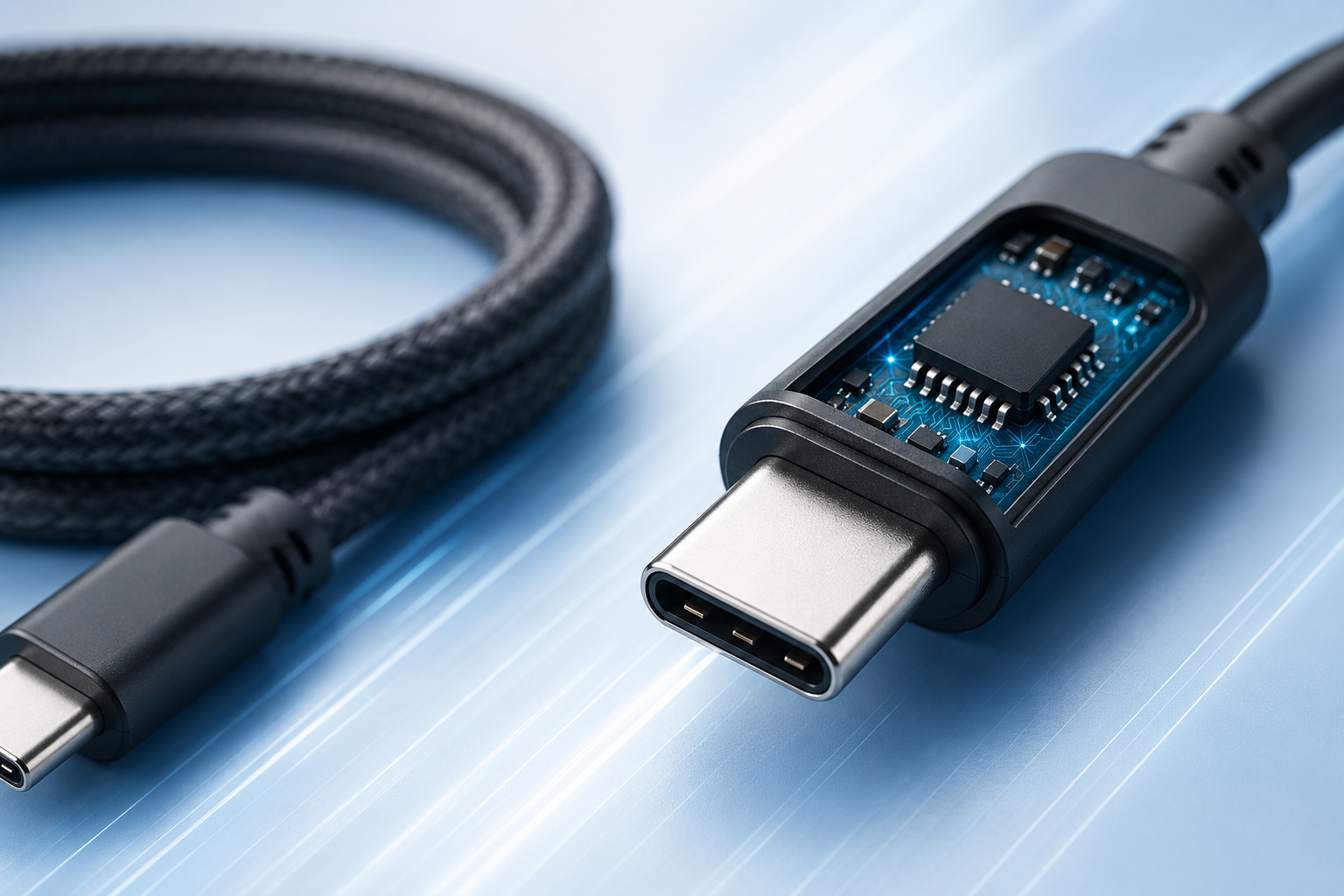 USB-Cケーブルのコネクタ内部と電子チップをイメージした写真