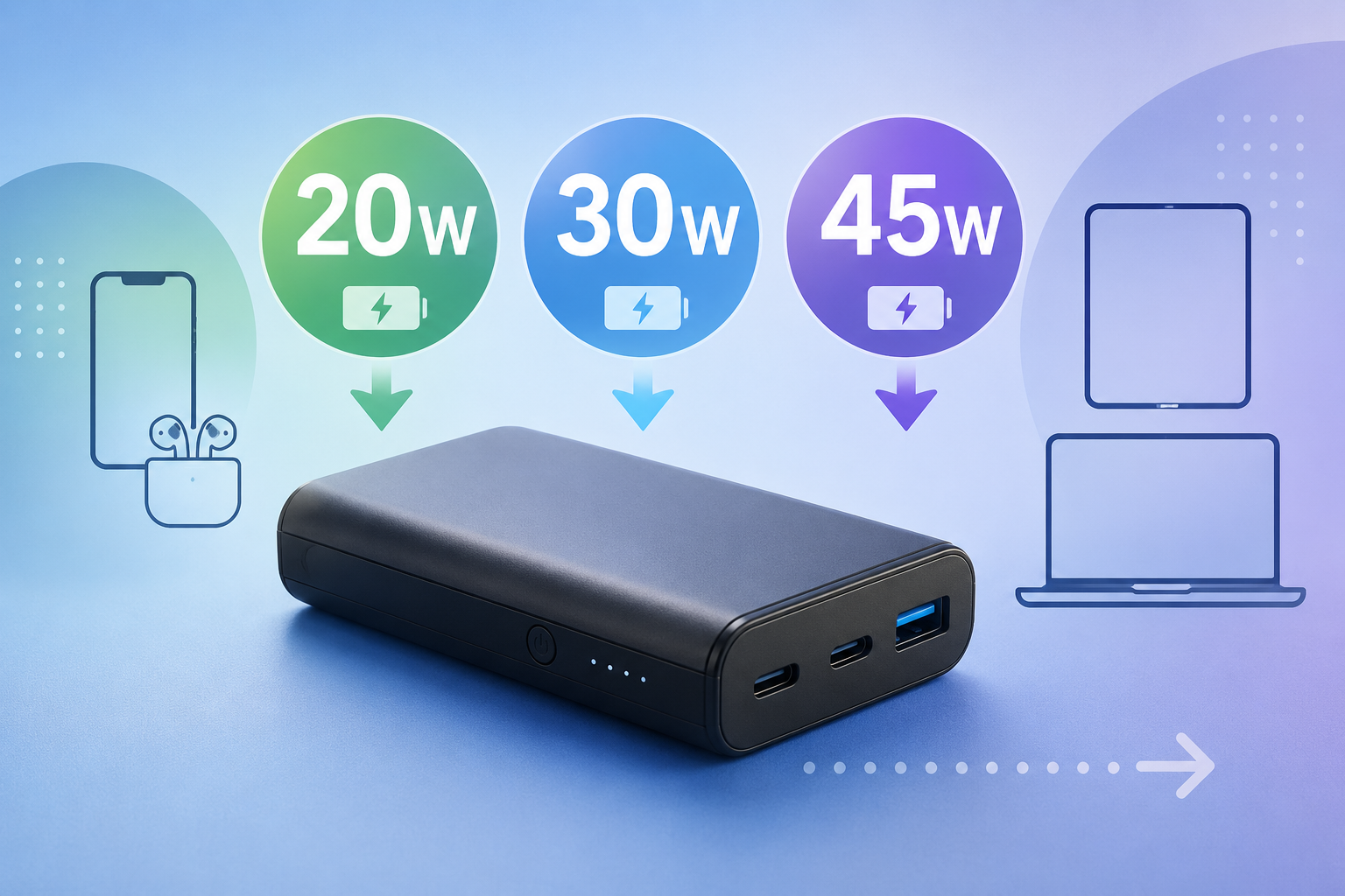 20W・30W・45Wの出力を比較するモバイルバッテリーのイメージ