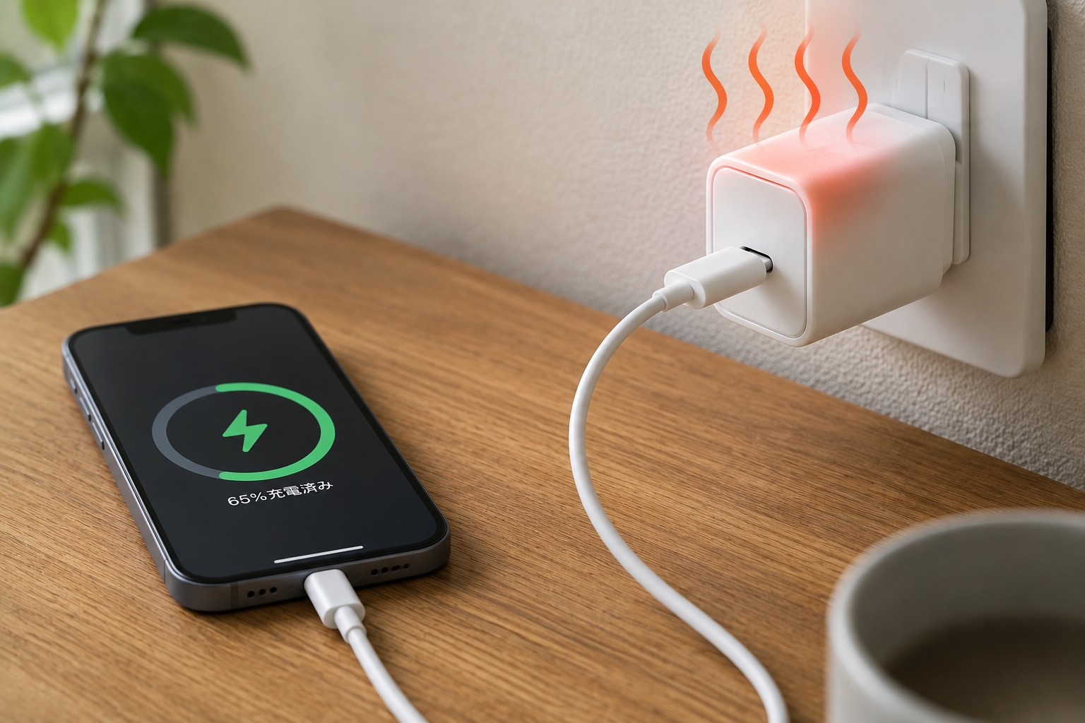 USB-C充電器でスマートフォンを充電しているときの発熱イメージ