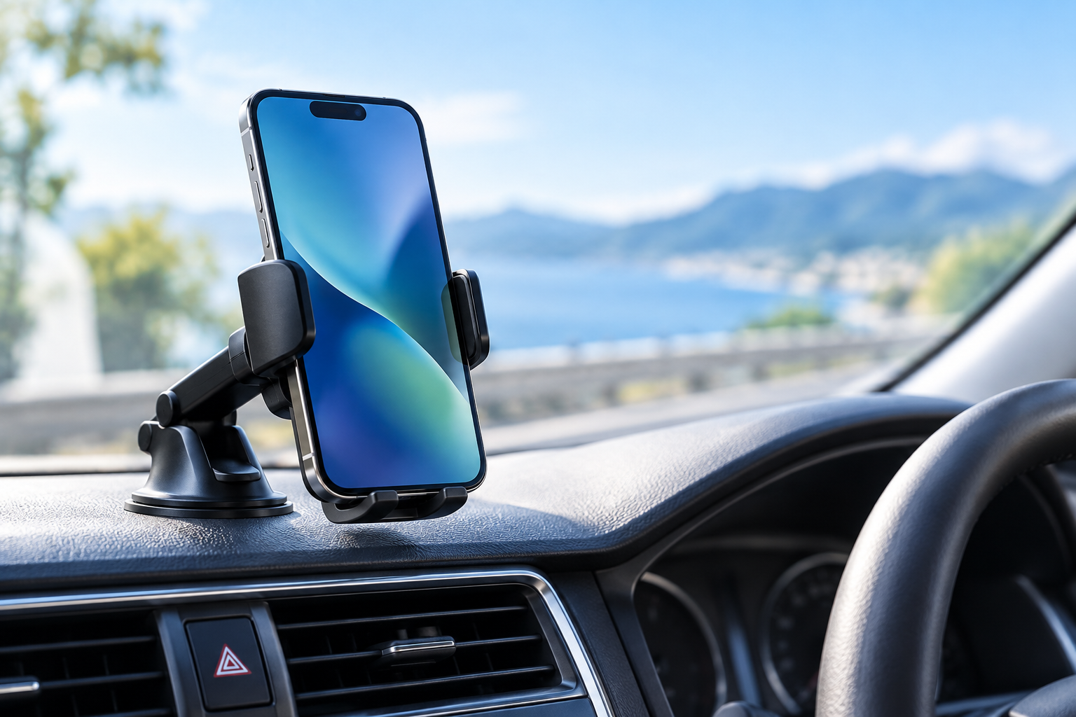車のダッシュボードに取り付けた吸盤式の車載スマホホルダー