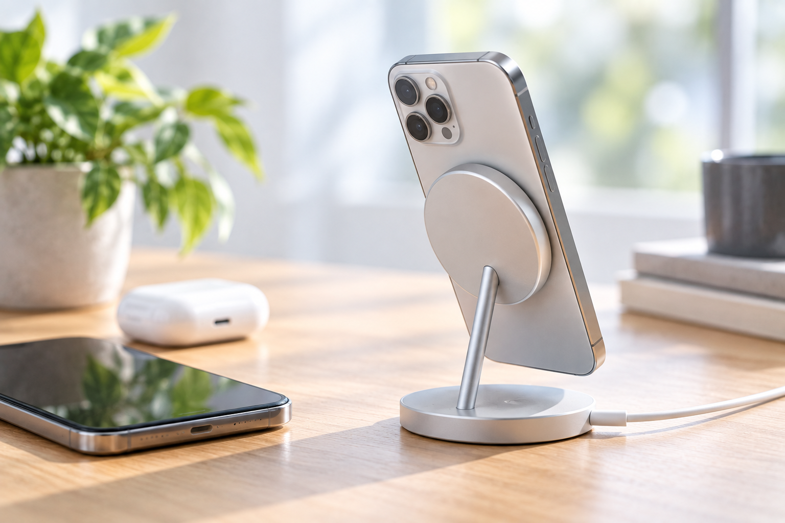スマートフォンを磁石で固定してワイヤレス充電する充電器